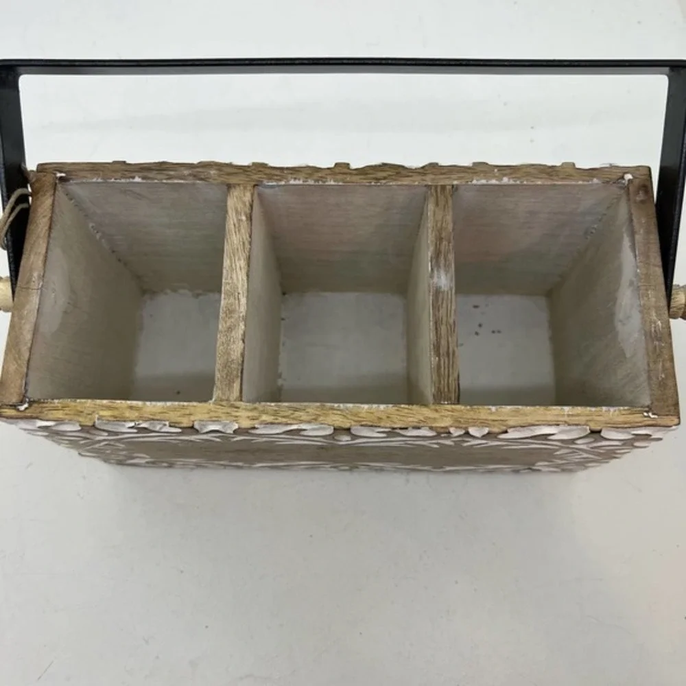 NWT Global Market farmhouse distressed white brown wood silverware caddy carved